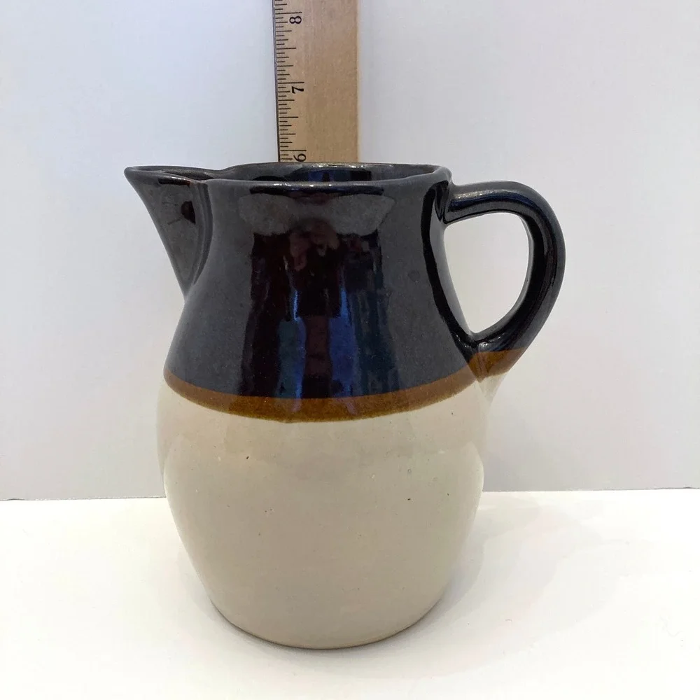 Roseville RRP U.S.A. Pottery Cream & Dark Brown Stoneware Pitcher Signed 5.75